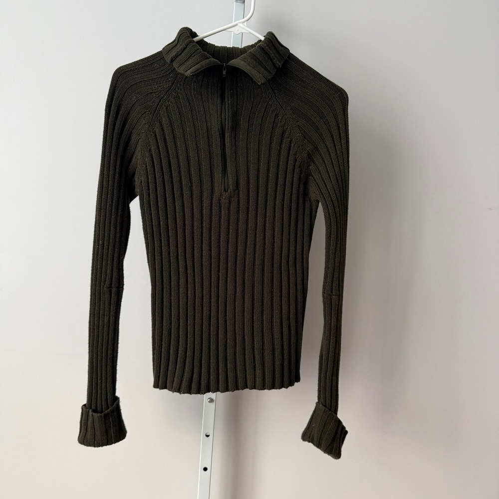 VTG BCBG Maxazria M Brown Cotton Quarter Zip Mock Neck Sweater Preppy Minimalist
